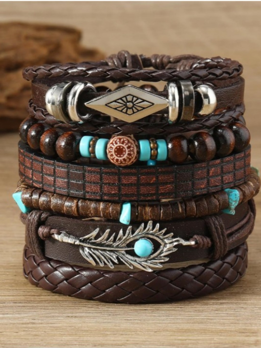 Nwt 6 Pc Western Boho Turquoise Faux Leather Braided Feather Bead Bracelet Stack